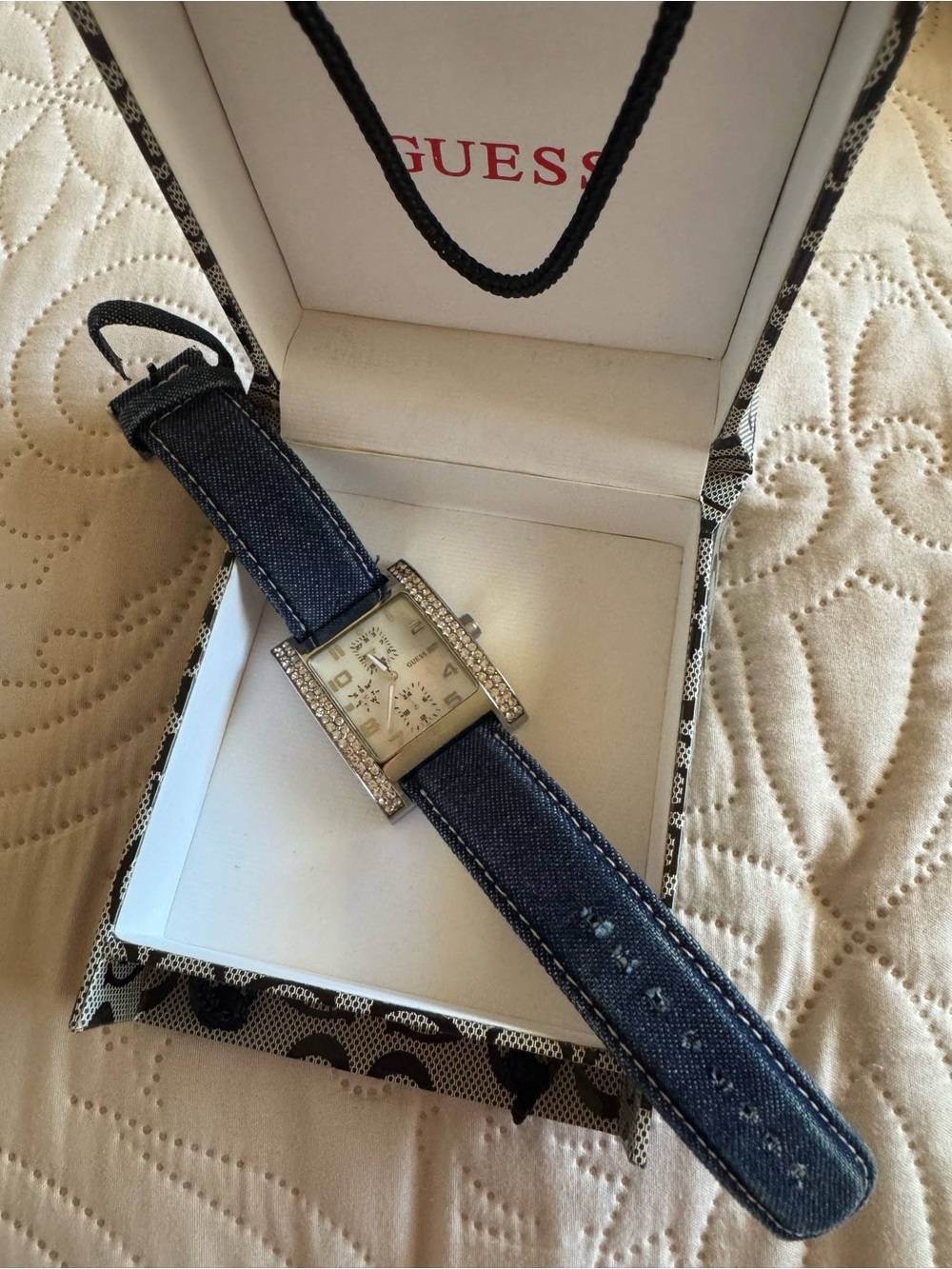 Guess Women's Denim-Style Blue Strap Watch with Crystal-Trim Case